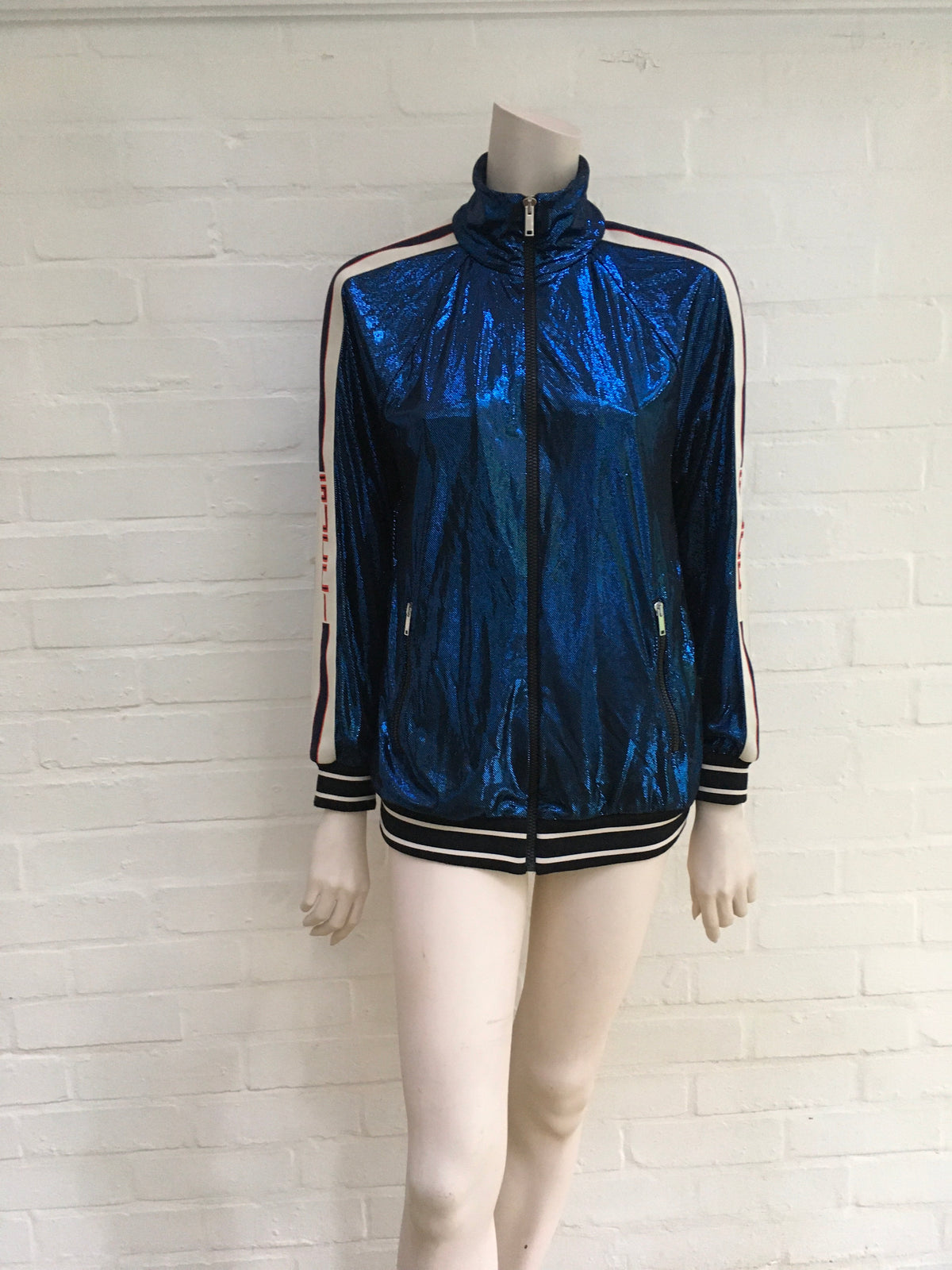 GUCCI 2019 Metallic Blue Lamé Logo Track Jacket Ladies