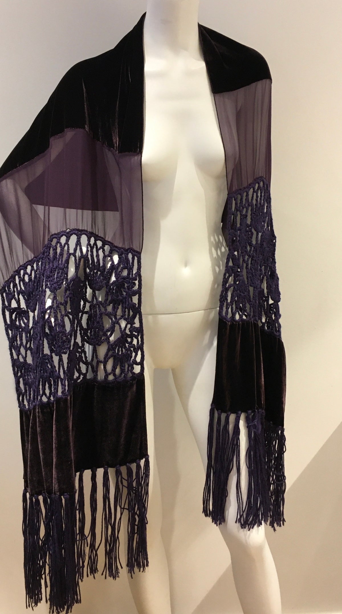 Giorgio Armani 1990's extra long velvet crochet and chiffon silk scarf shawl ladies