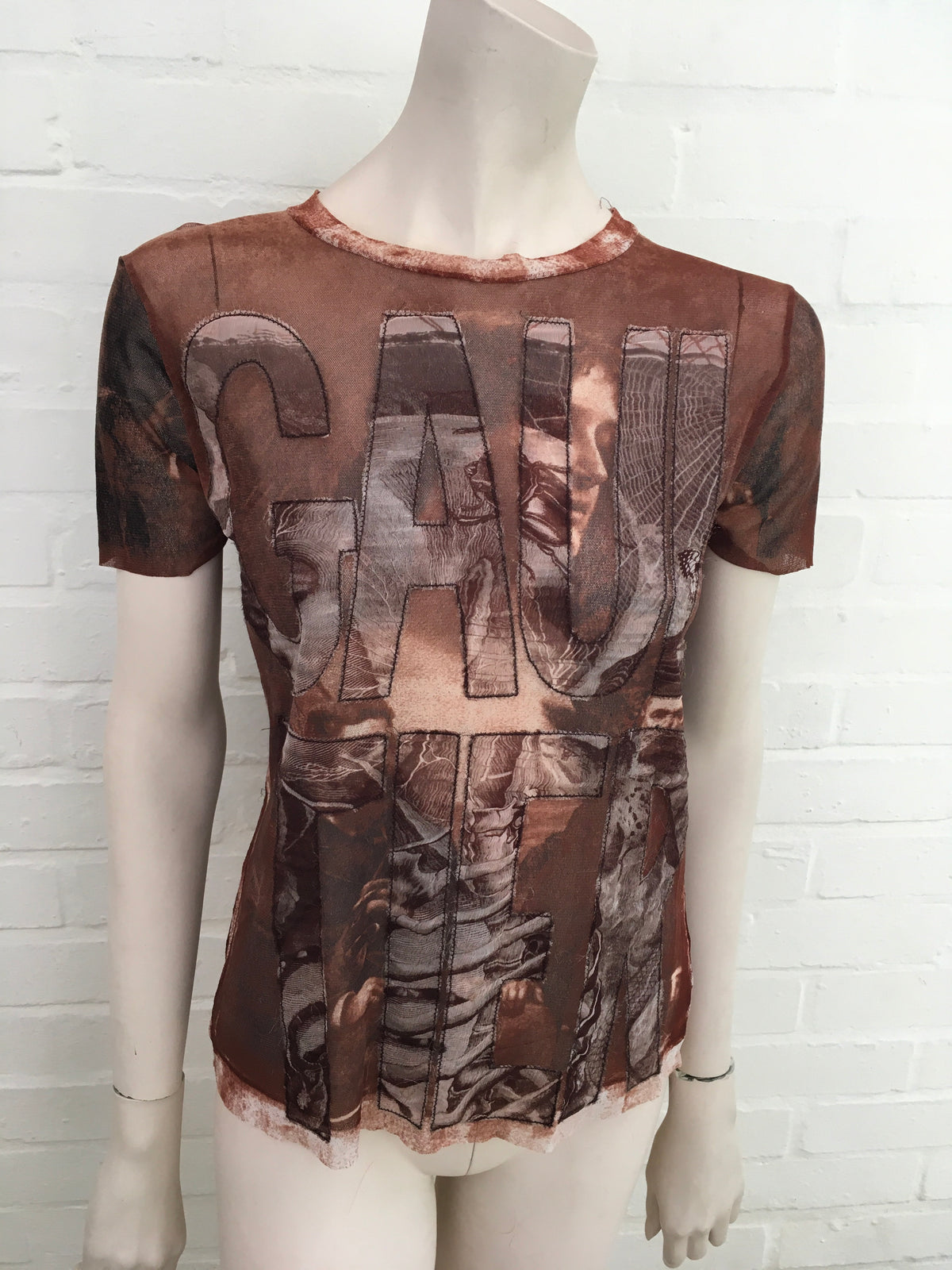 Jean Paul GAULTIER 1990's Face Printed Sheer T shirt Top Size L Large ladies