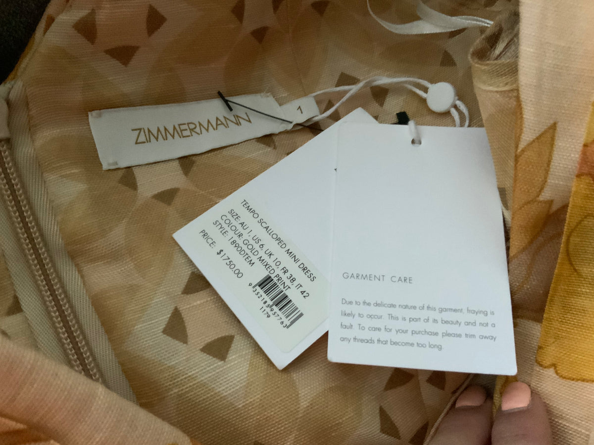ZIMMERMANN 2022 GOLD MIXED PRINT TEMPO SCALLOPED MINI DRESS - SIZE 1 (RRP $1750) ladies