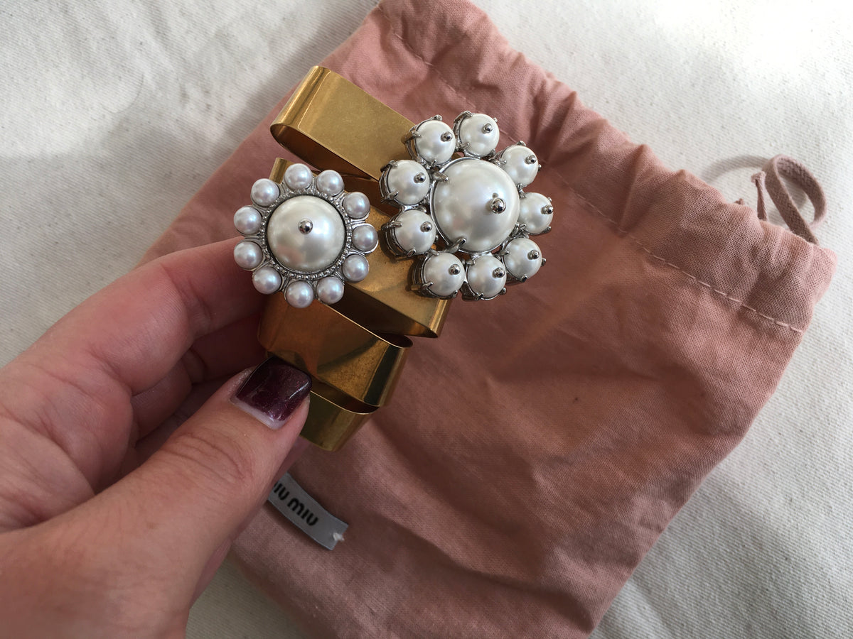 MIU MIU Faux Pearl Cuff Bangle Gold Tone Bracelet ladies