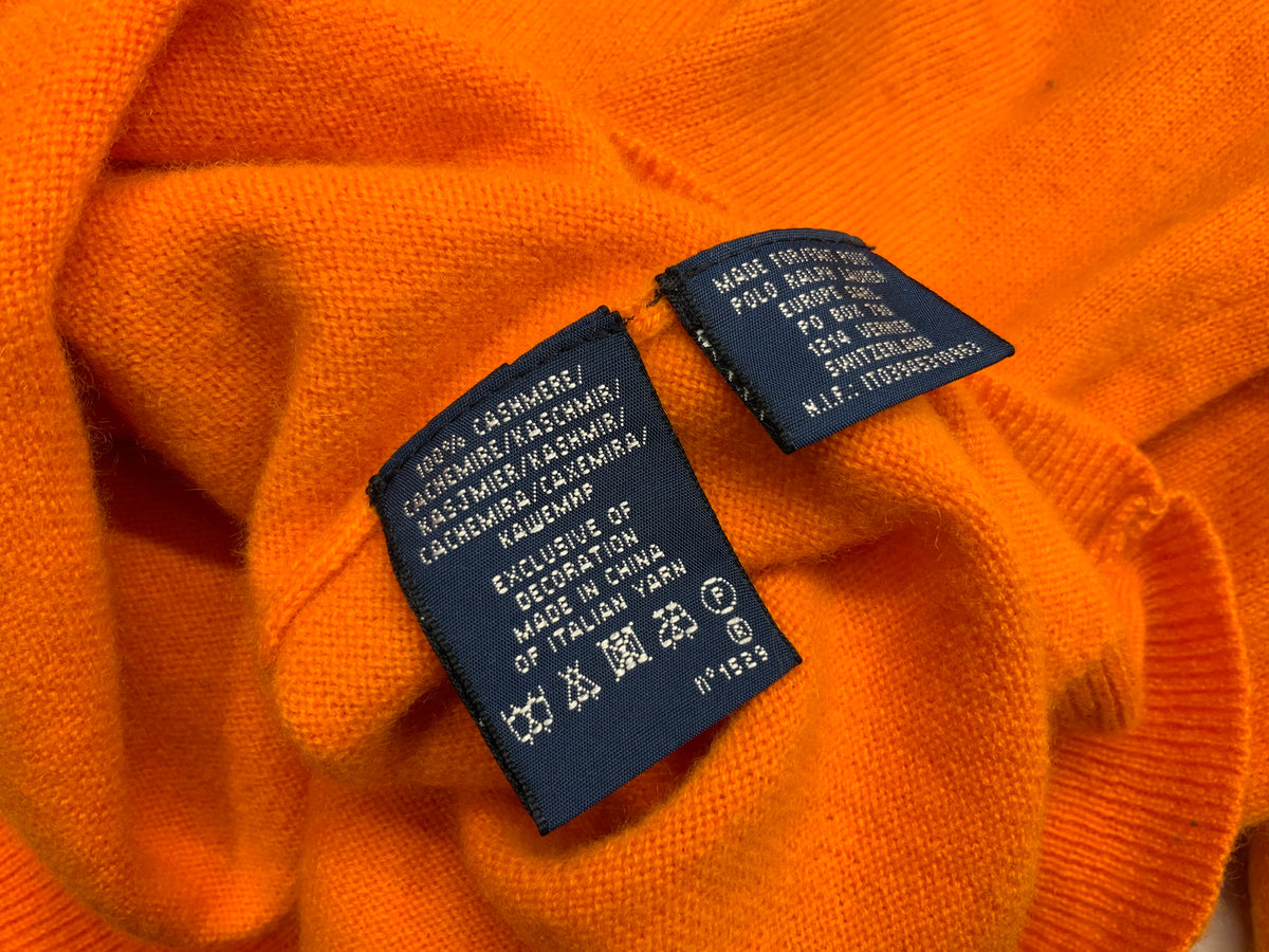 Ralph Lauren Pure Cashmere Neon Orange V neck Jumper Sweater Size M medium ladies