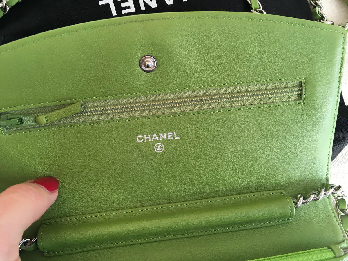 CHANEL Patent Quilted Wallet On Chain WOC Lime Green Bag Handbag Rare Ladies