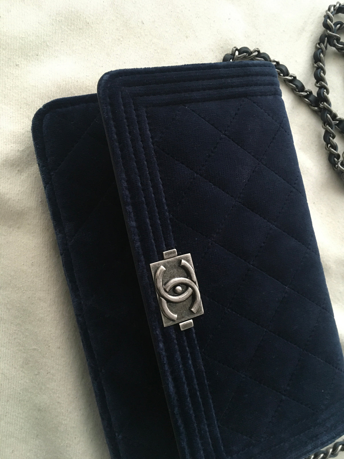 Chanel Velvet Quilted Boy Wallet On Chain WOC Navy Blue Bag Handbag Rare ladies
