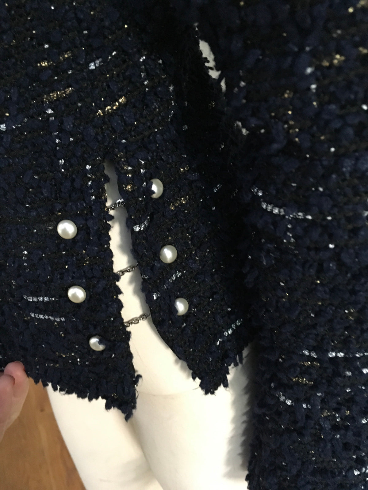 CHANEL Metallic Tweed Jacket Pearls Embellishe Ladies