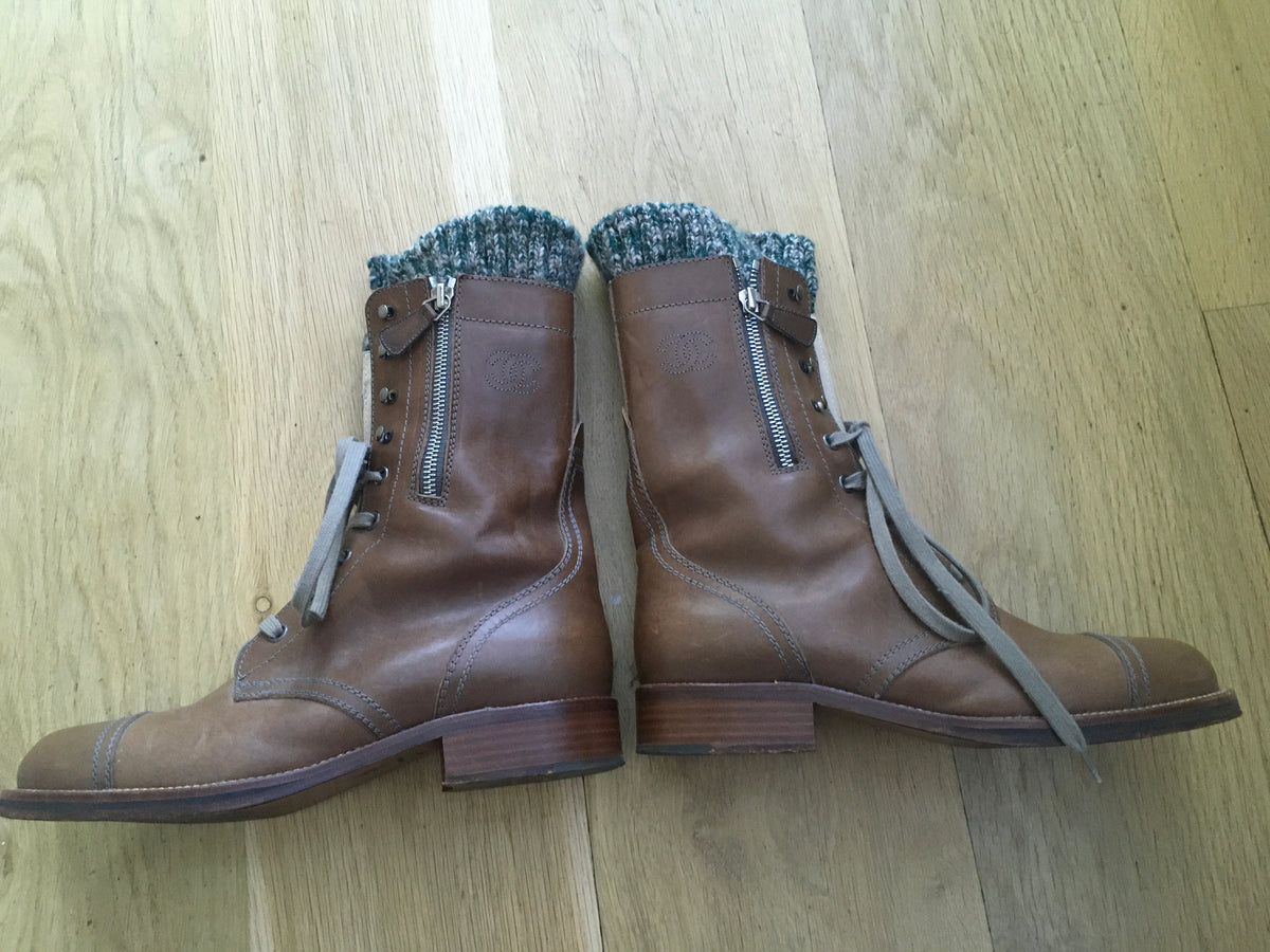 CHANEL CC Knit-Trimmed Combat Ankle Boots Leather Booties Size 39 ladies