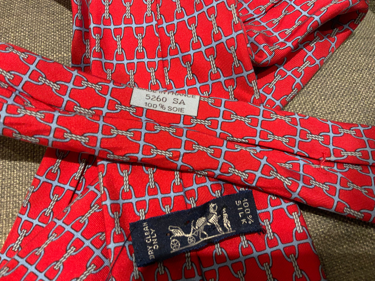 Hermès HERMES Paris 5260 SA 5-Fold Pink Grey Stirrup Rope Print Silk Neck Tie men