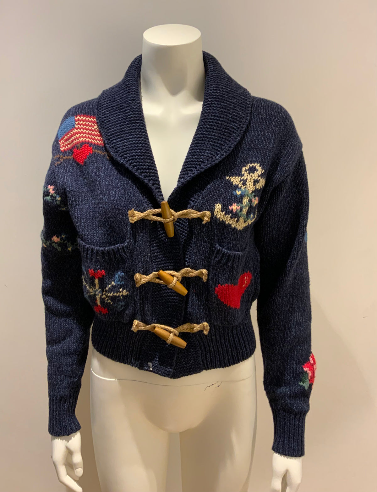 Polo Ralph Lauren Intarsia Knit Graphic Logo Cardigan Toggle Sweater Sz S small ladies