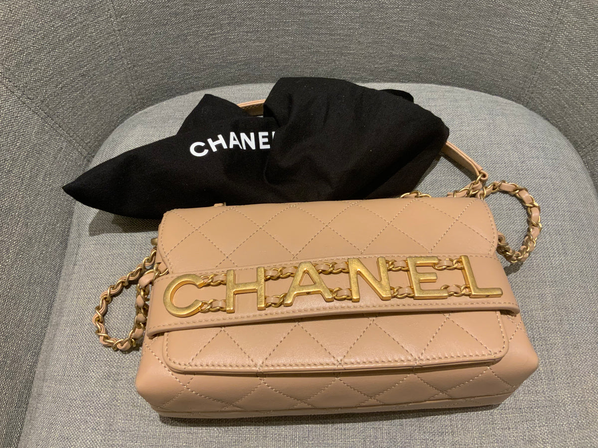 Chanel SOLD OUT Logo Calfskin Quilted Small Enchained Flap Beige Bag Handbag ladies