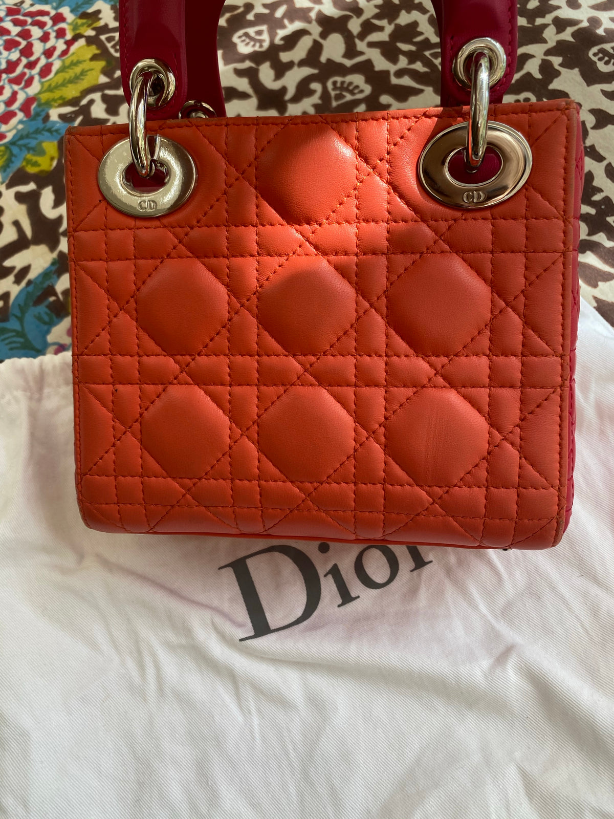 Christian Dior Lambskin Cannage Mini Bi-Color Lady Dior Orange Fuchsia Bag ladies