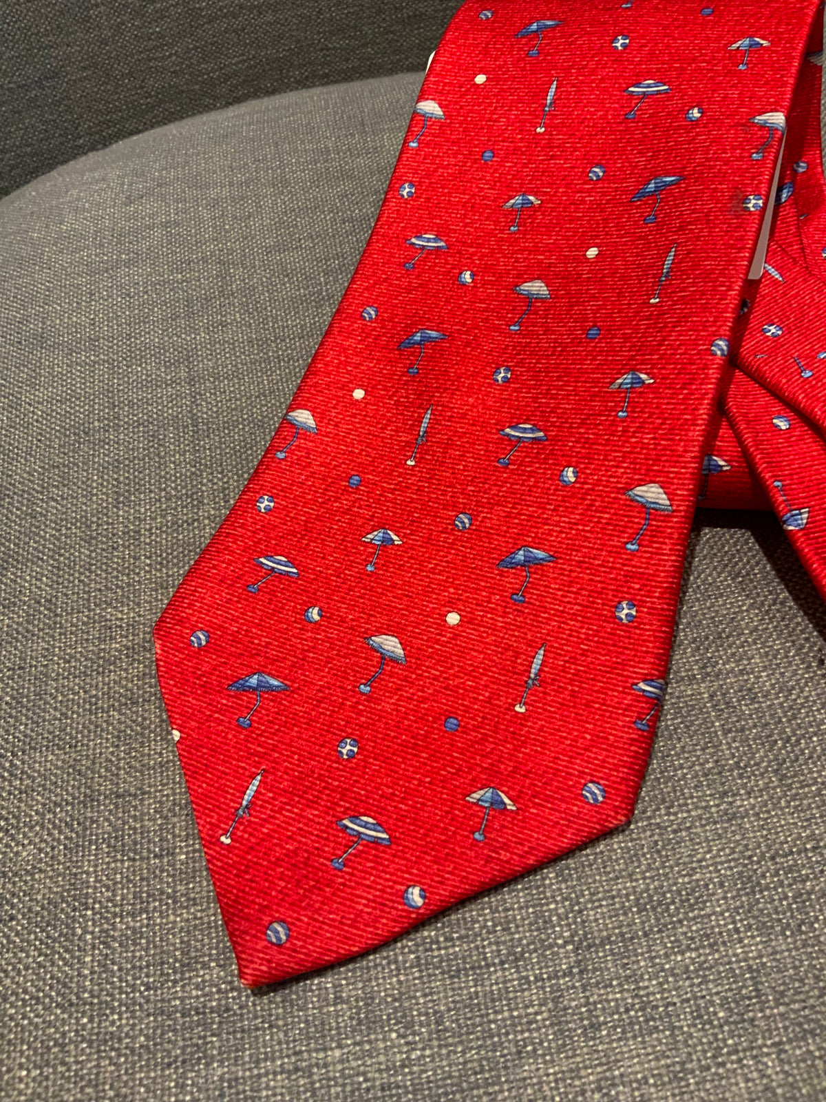 Bvlgari handmade seven fold red printed silk necktie self tipped 9cm men