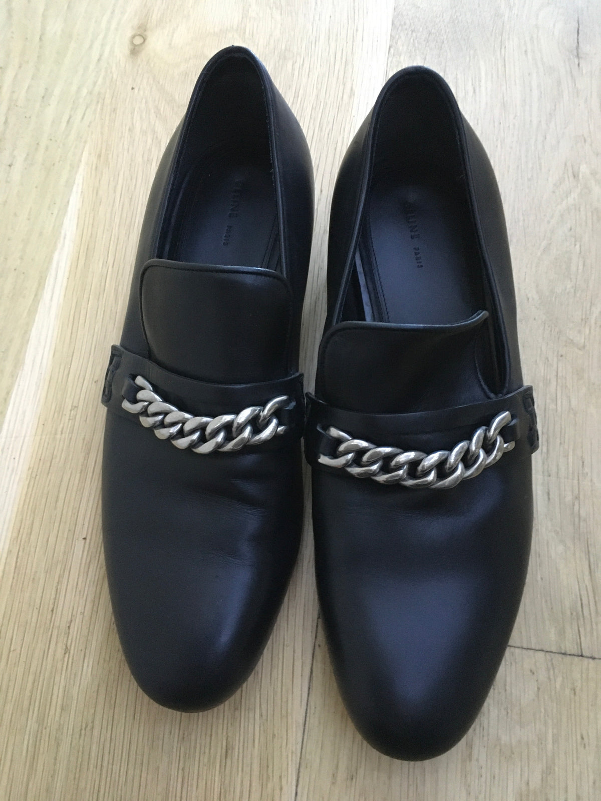 Céline Celine Phoebe Philo Black Chain-Link Leather Loafers Shoes 38 ladies
