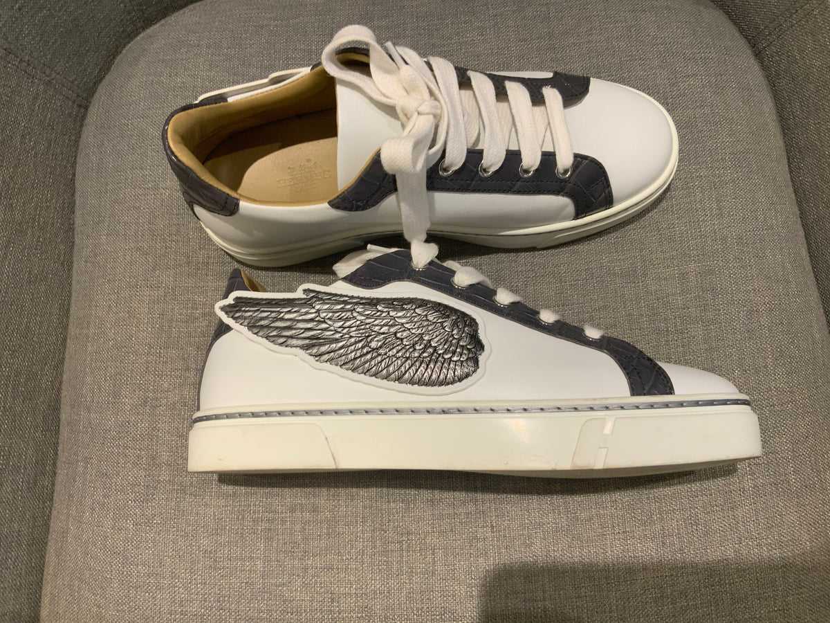 HERMÈS Calfskin Epsom Womens Velvet Sneakers 37 White Grey Crocodile Trim Shoes ladies