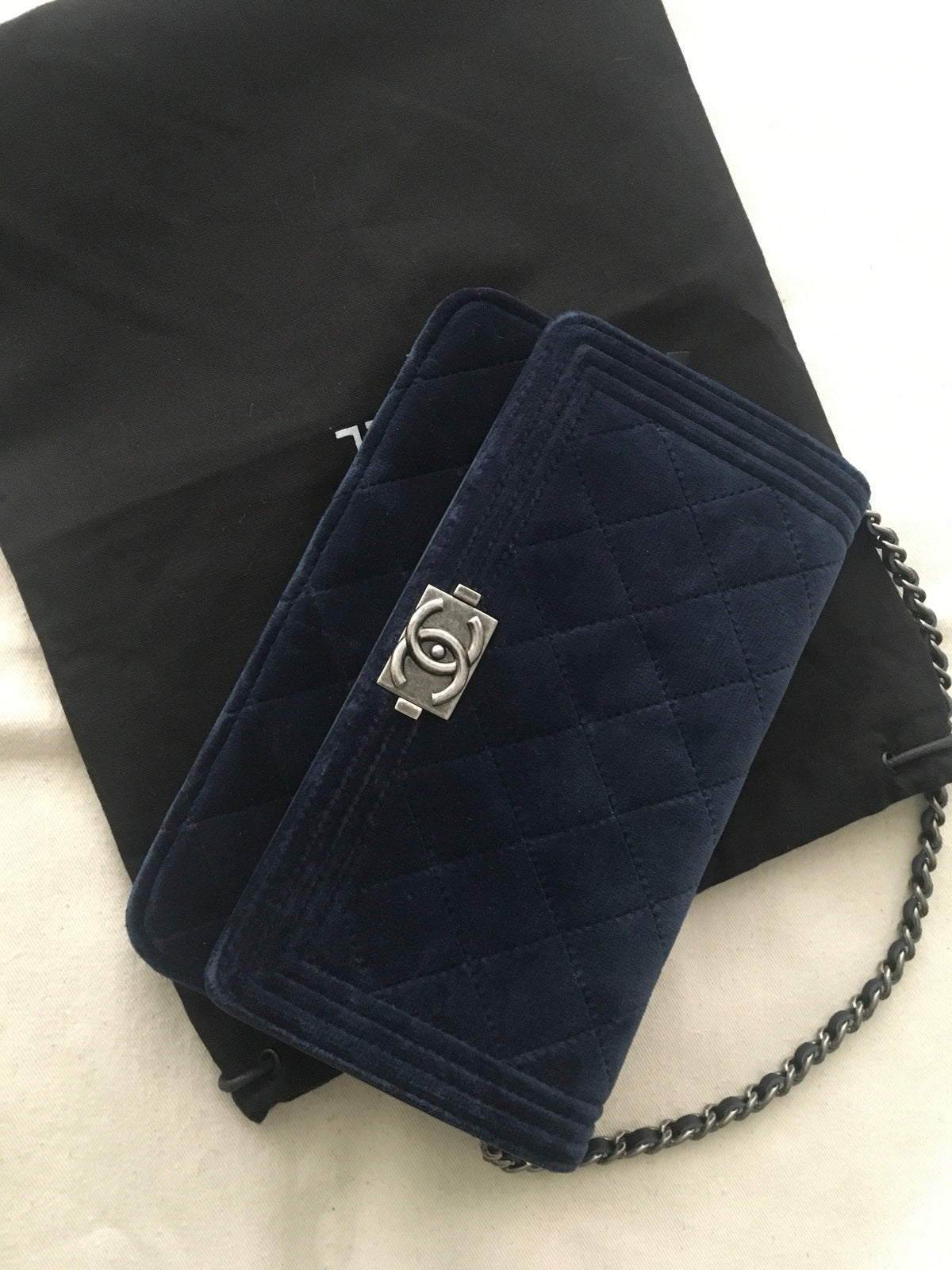 Chanel Velvet Quilted Boy Wallet On Chain WOC Navy Blue Bag Handbag Rare ladies