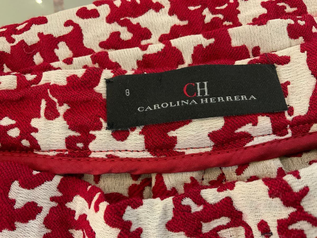 ICONIC CH Carolina Herrera Red and White Textured Jacquard Pencil Skirt US 8 L ladies