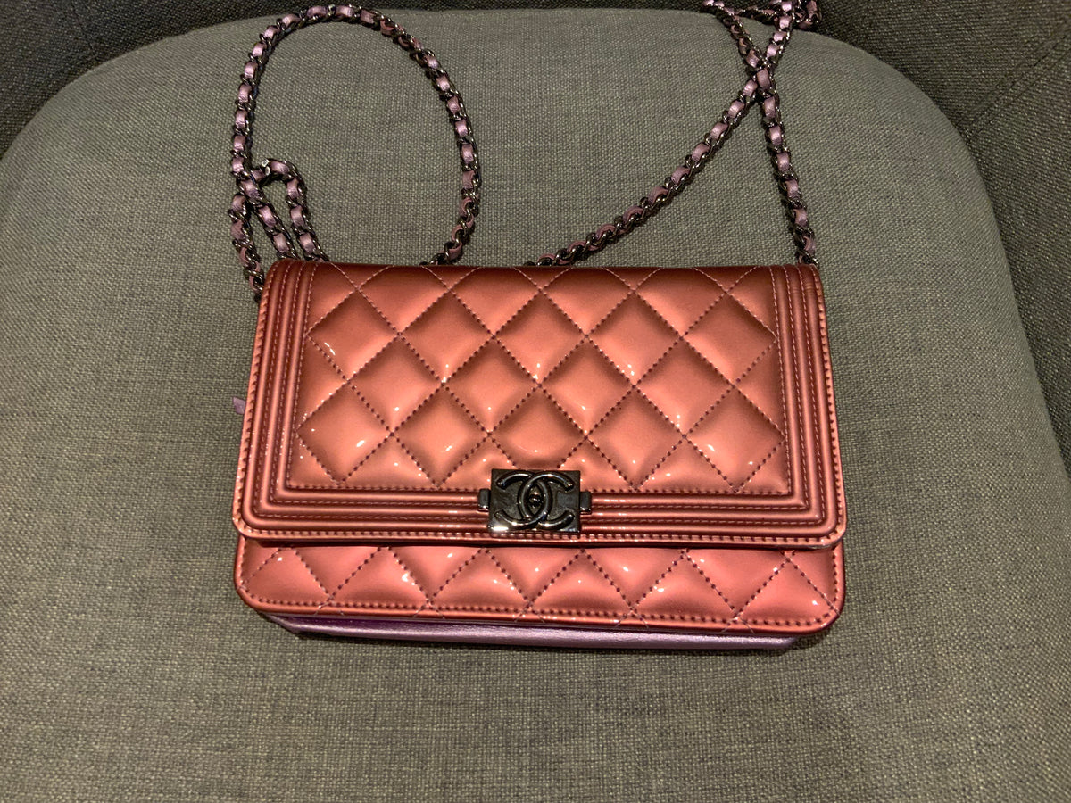 CHANEL Metallic Pink Quilted Patent Leather Boy Flap Bag WOC Wallet on Chain ladies