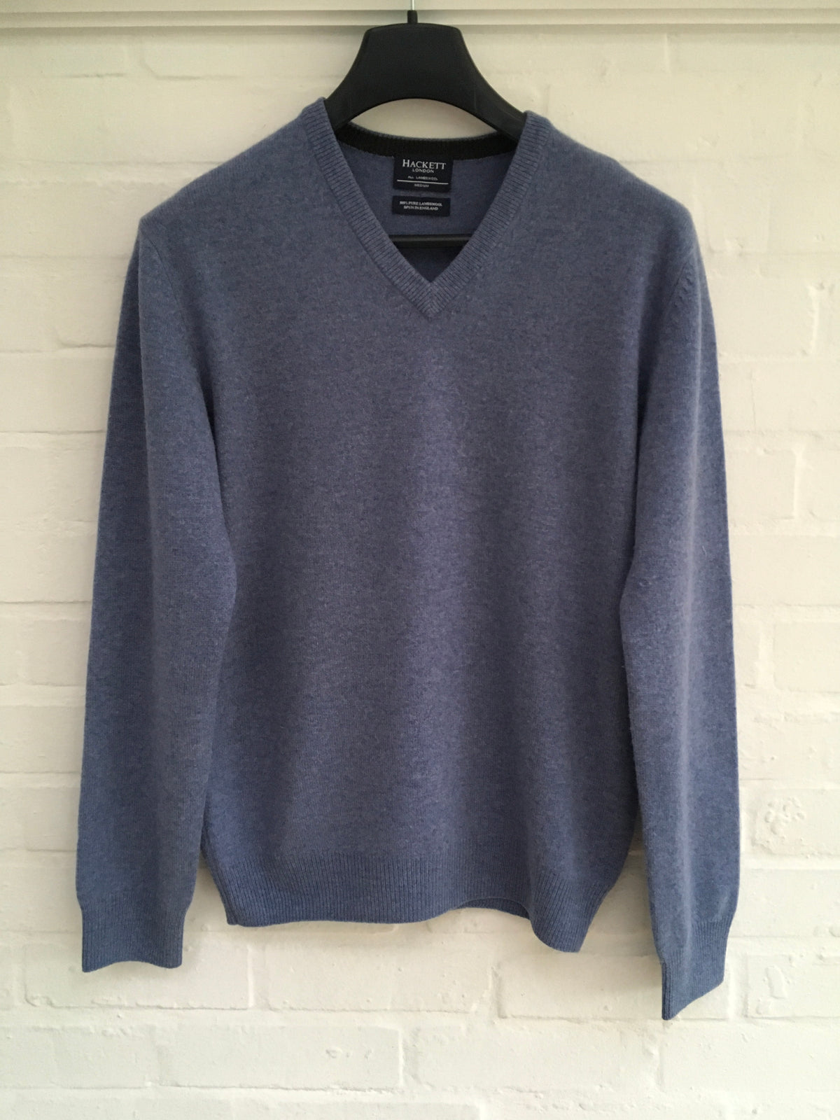 HACKETT LONDON LAMBS WOOL KNIT V NECK BLUE SWEATER JUMPER Men