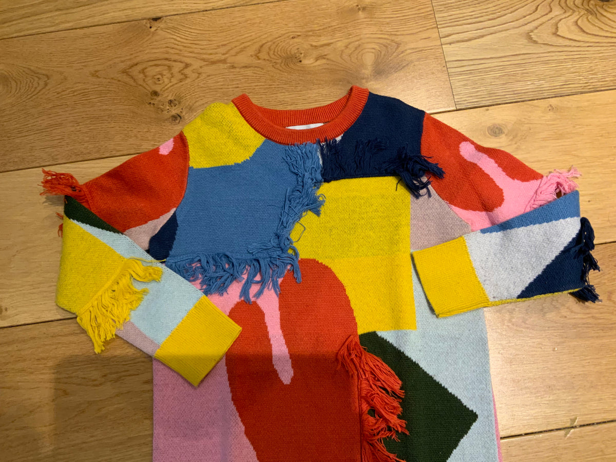 Stella McCartney KIDS COLOR BLOCK & FRINGES COTTON WOOL KNIT Dress SIZE 8 years children