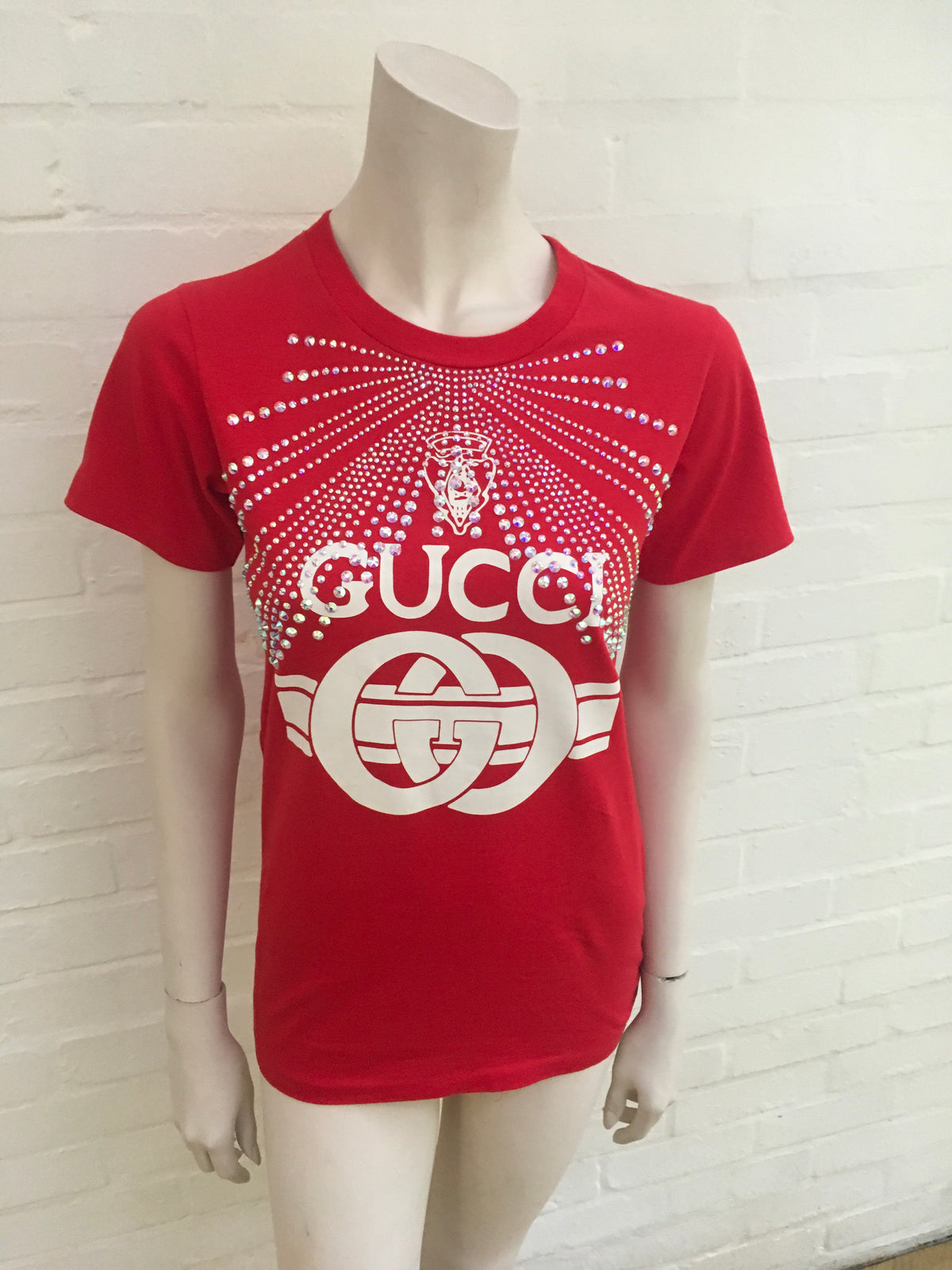 Gucci Red Swarovski Crystal-Embellished Printed T-Shirt Ladies