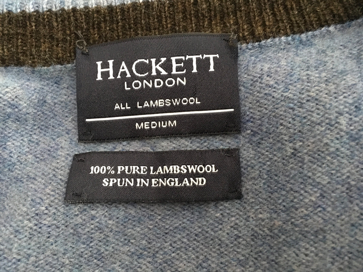 HACKETT LONDON LAMBS WOOL KNIT V NECK BLUE SWEATER JUMPER Men