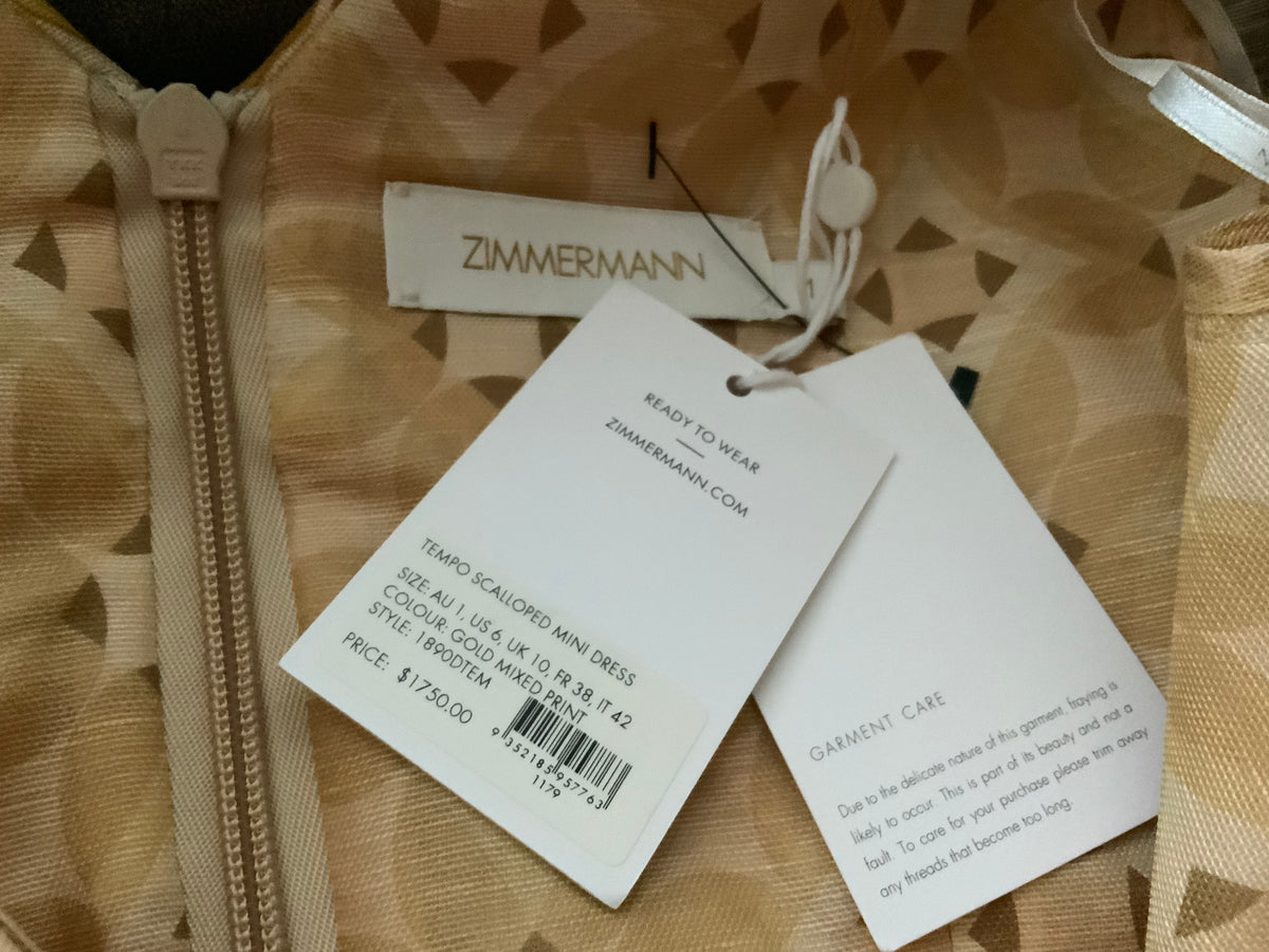 ZIMMERMANN 2022 GOLD MIXED PRINT TEMPO SCALLOPED MINI DRESS - SIZE 1 (RRP $1750) ladies