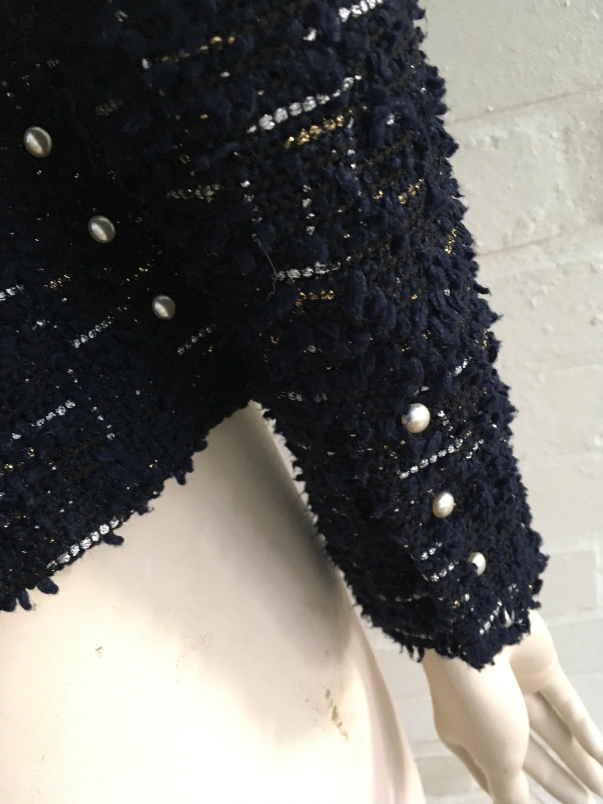 CHANEL Metallic Tweed Jacket Pearls Embellishe Ladies
