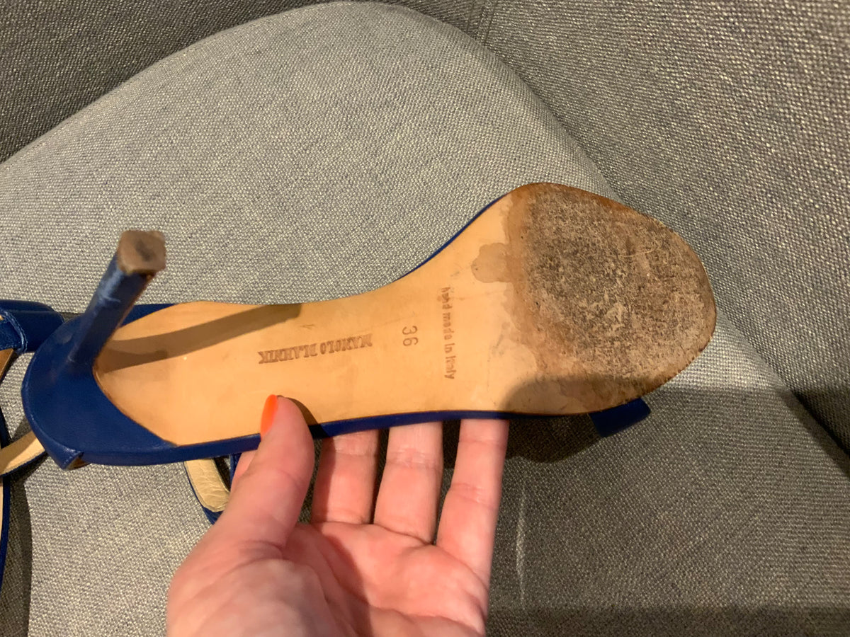 Manolo Blahnik Blue Leather Chaos 95mm Sandals SIZE 36 UK 3 US 6 ladies