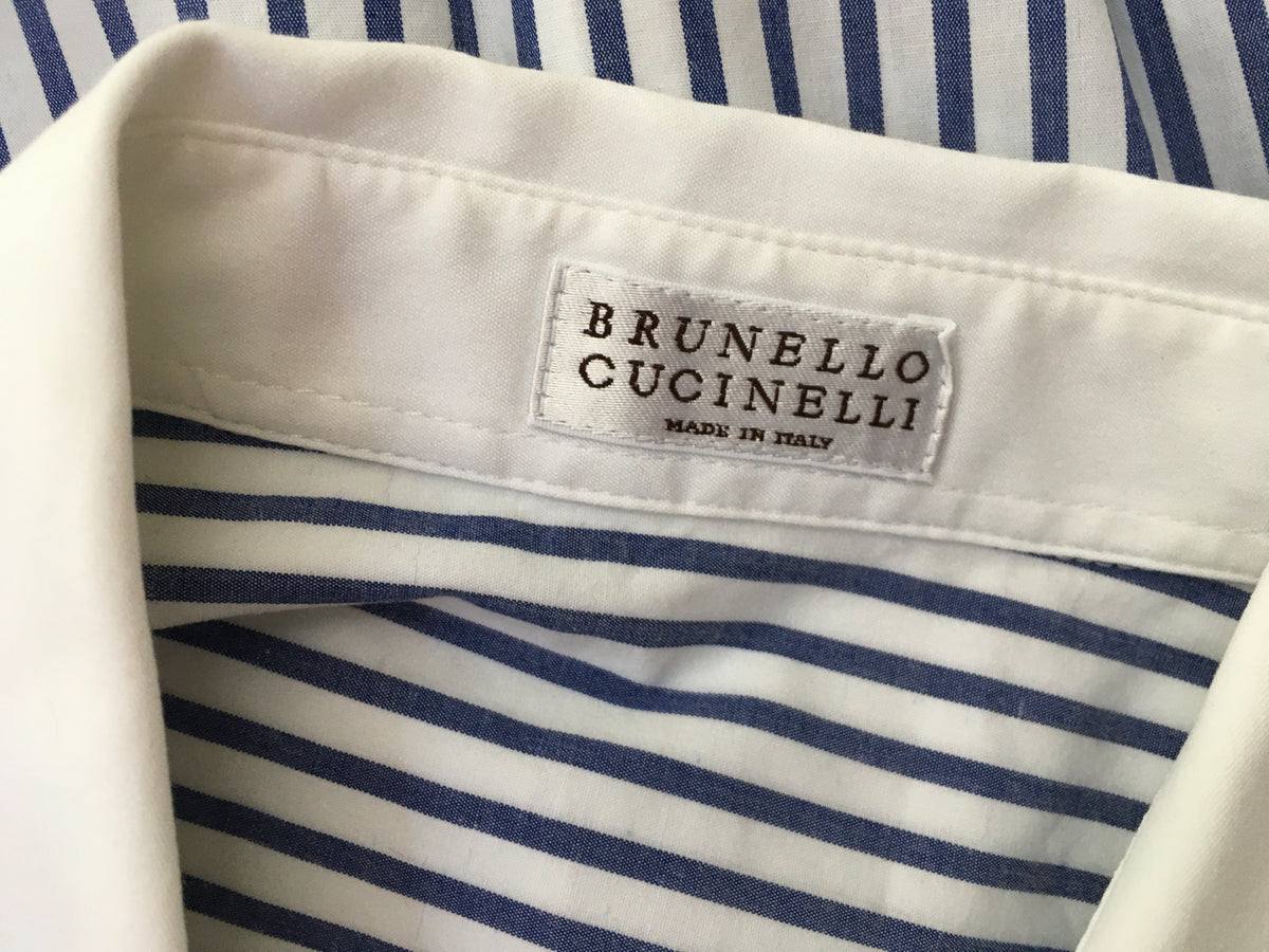 Brunello Cucinelli A-Line Striped Poplin Shirt Sleeveless White/blue Monili Trim ladies
