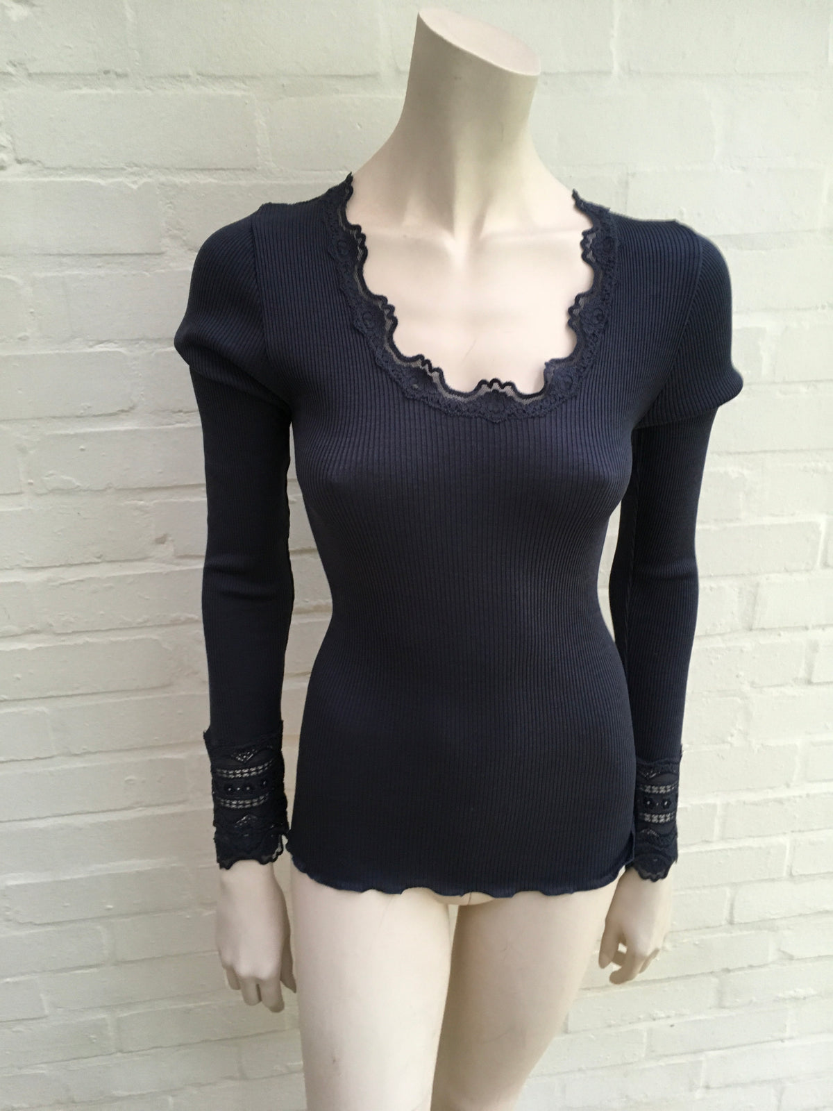 Rosemunde Copenhagen Silk Cotton Long Sleeve Lace Top - Navy Size L Large Ladies