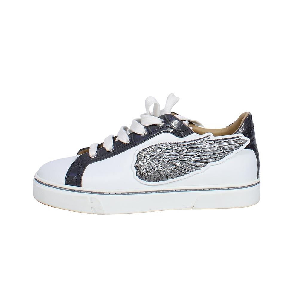 HERMÈS Calfskin Epsom Womens Velvet Sneakers 37 White Grey Crocodile Trim Shoes ladies