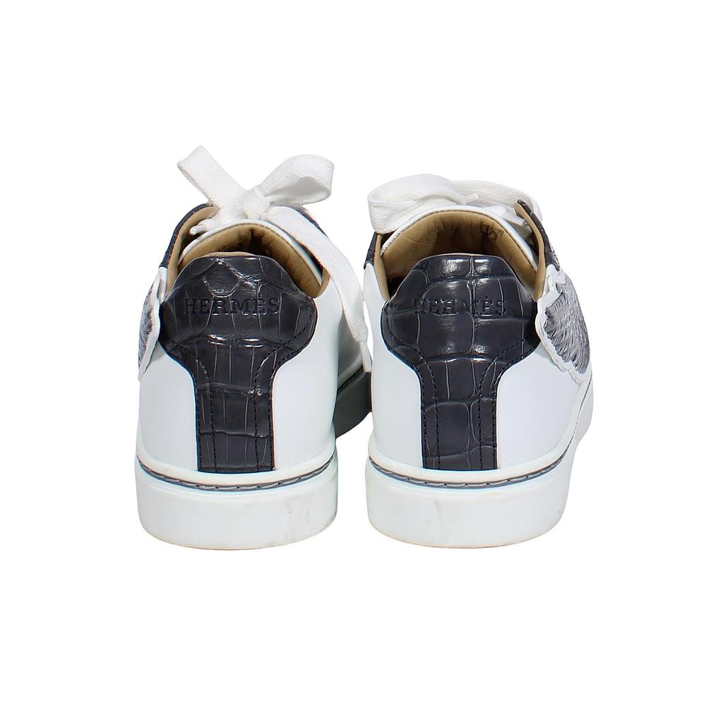 HERMÈS Calfskin Epsom Womens Velvet Sneakers 37 White Grey Crocodile Trim Shoes ladies