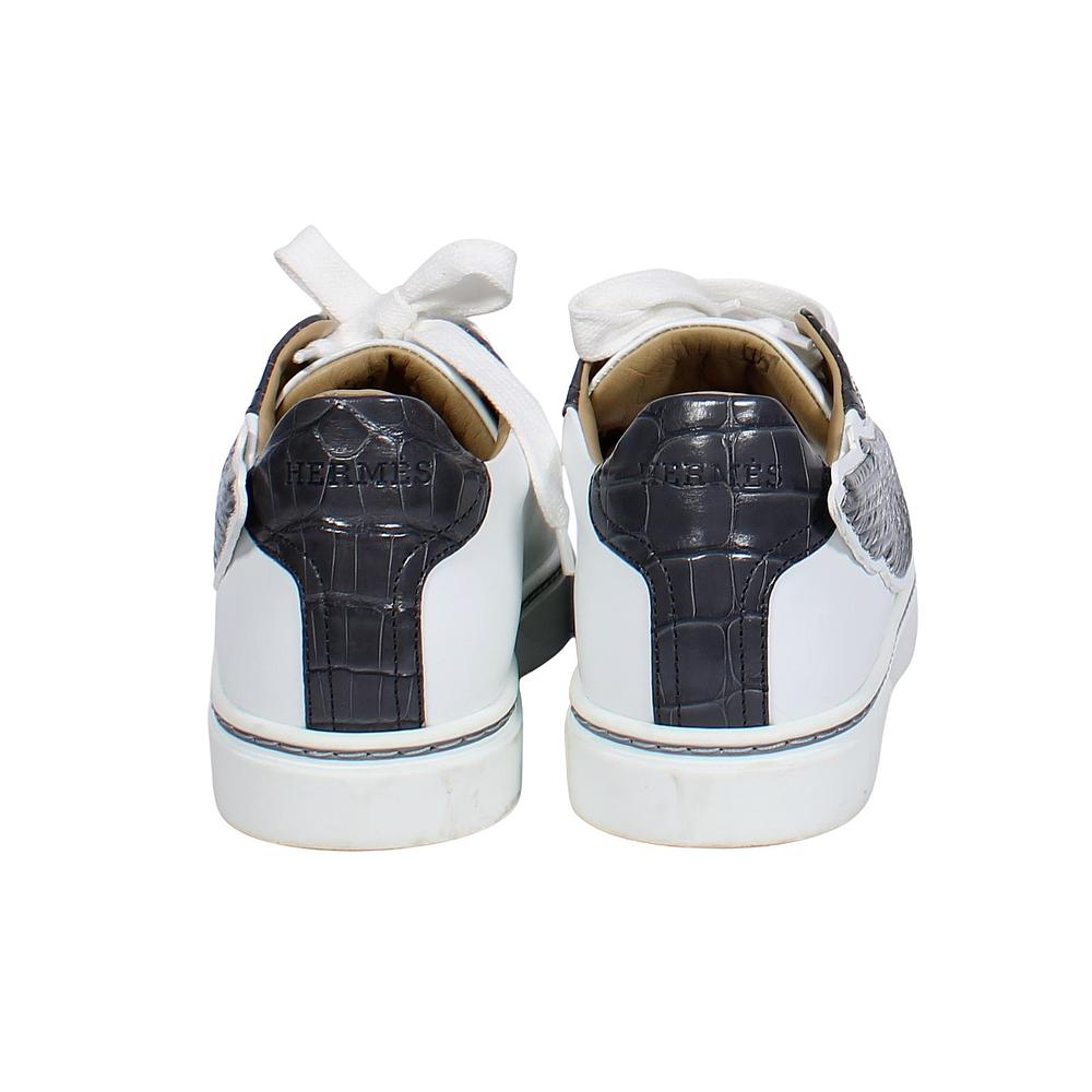 HERMÈS Calfskin Epsom Womens Velvet Sneakers 37 White Grey Crocodile T –  Afashionistastore