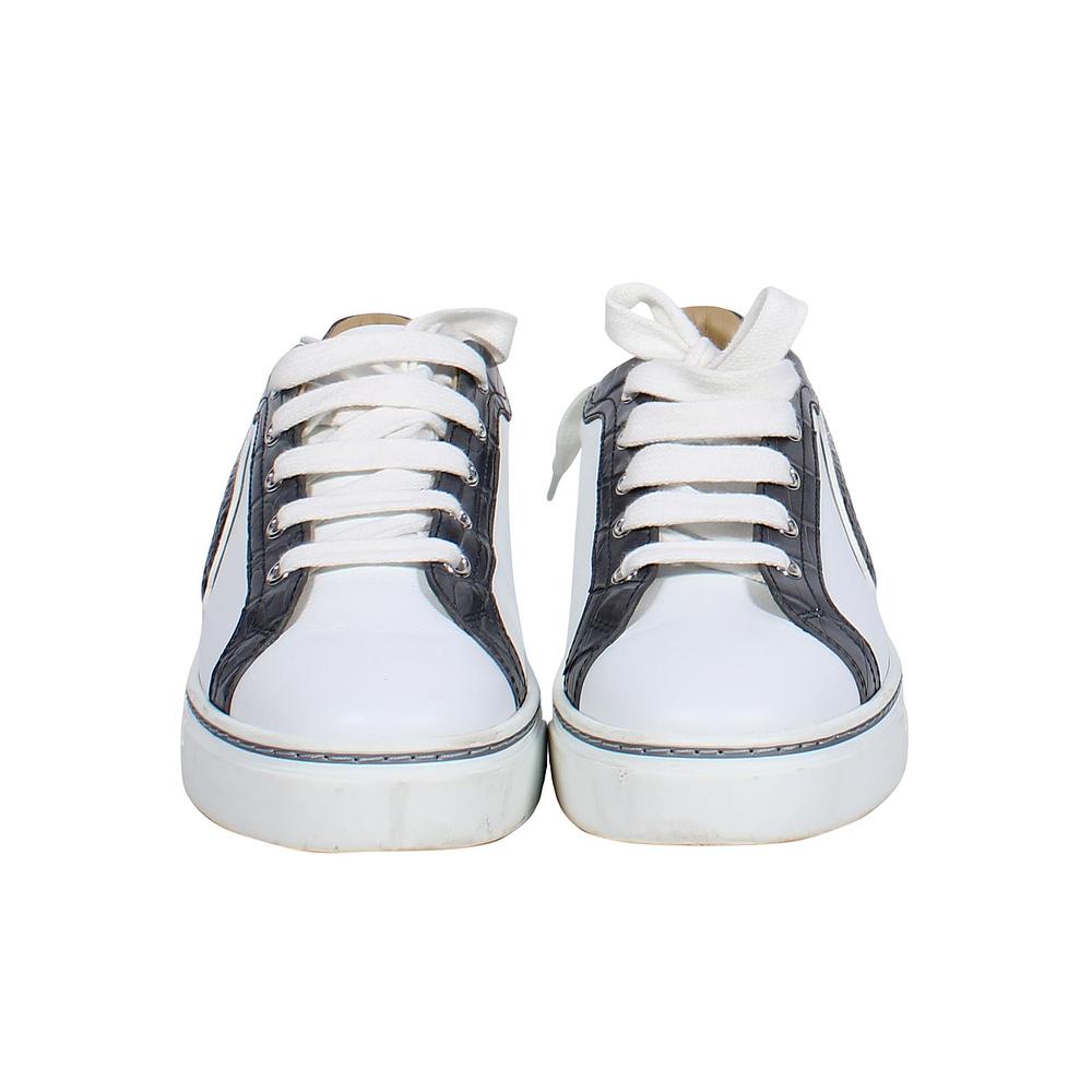 HERMÈS Calfskin Epsom Womens Velvet Sneakers 37 White Grey Crocodile Trim Shoes ladies