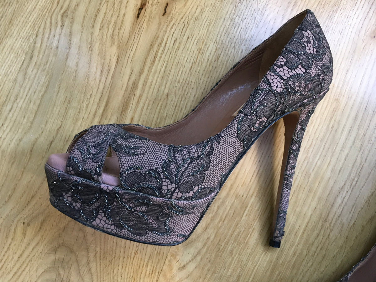Valentino Women's Black Crystal Lace Platform Pump Shoes Ladies