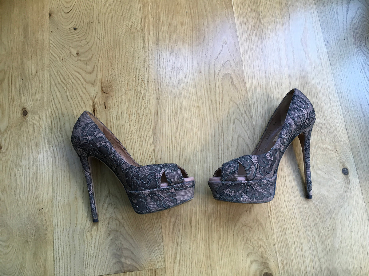 Valentino Women's Black Crystal Lace Platform Pump Shoes Ladies