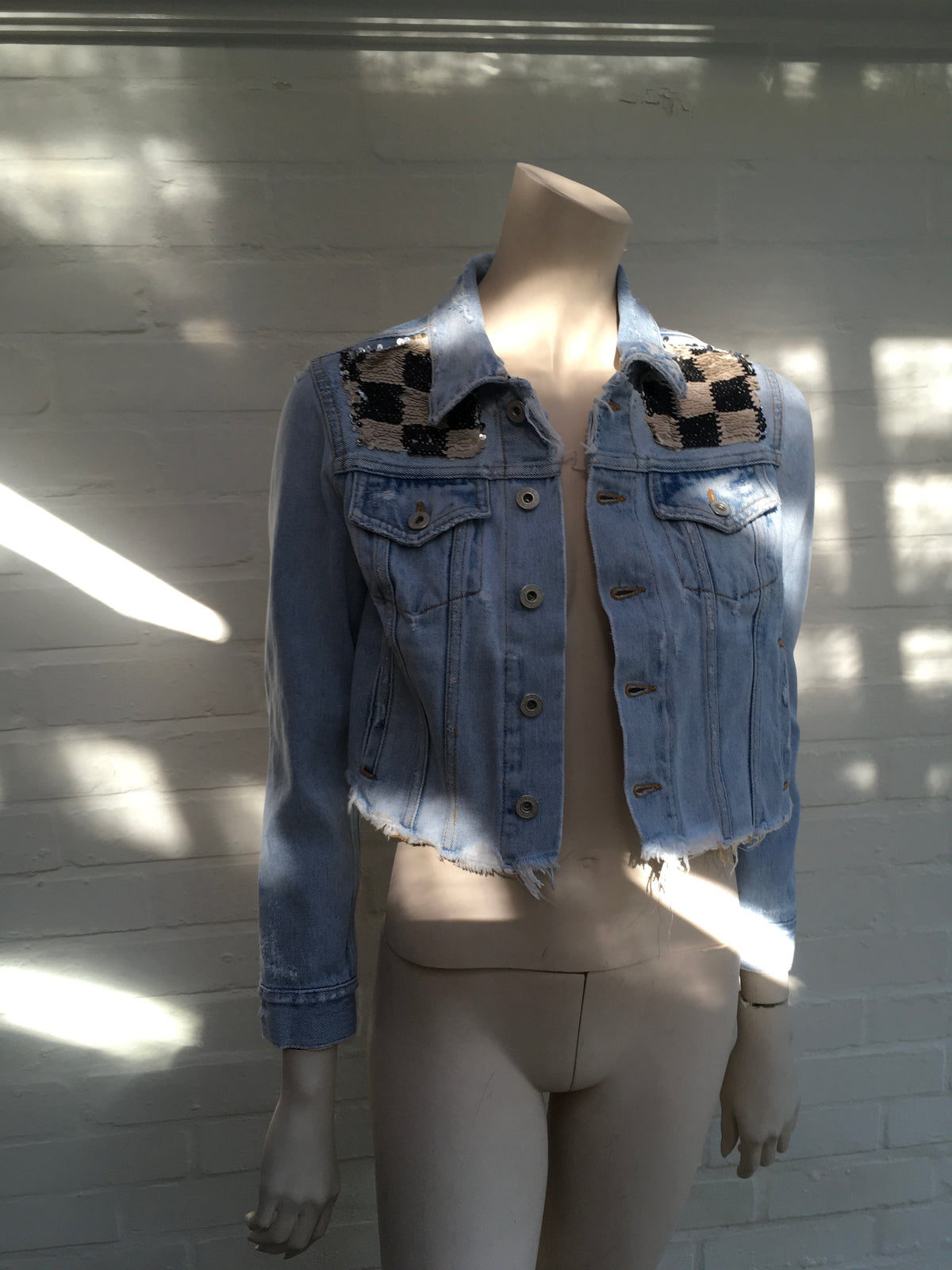 Off-White c/o Virgil Abloh checkered sequin denim jacket Ladies