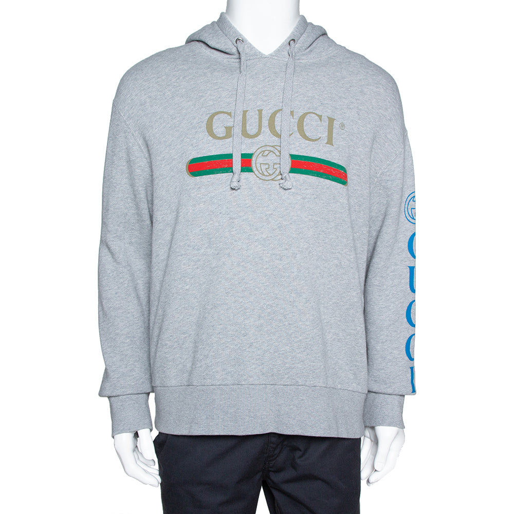 Gucci Unisex Grey Dragon Embroidered And Logo Hooded Sweatshirt Size S small men