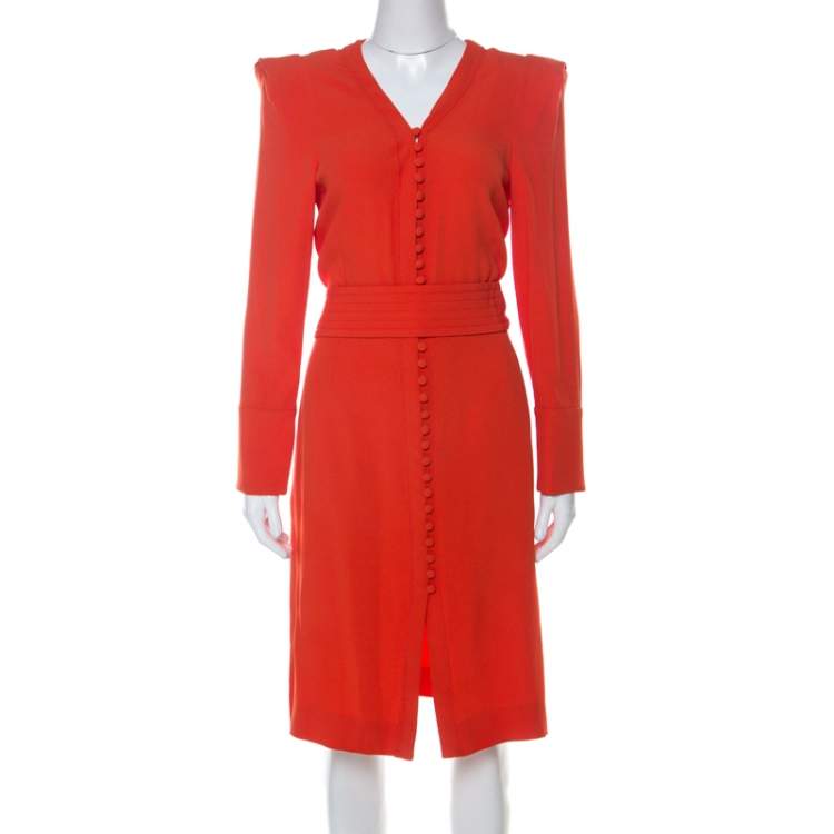 GORGEOUS Sonia Rykiel Orange Crepe Button Front Power Shoulder Belted Dress F 40 ladies