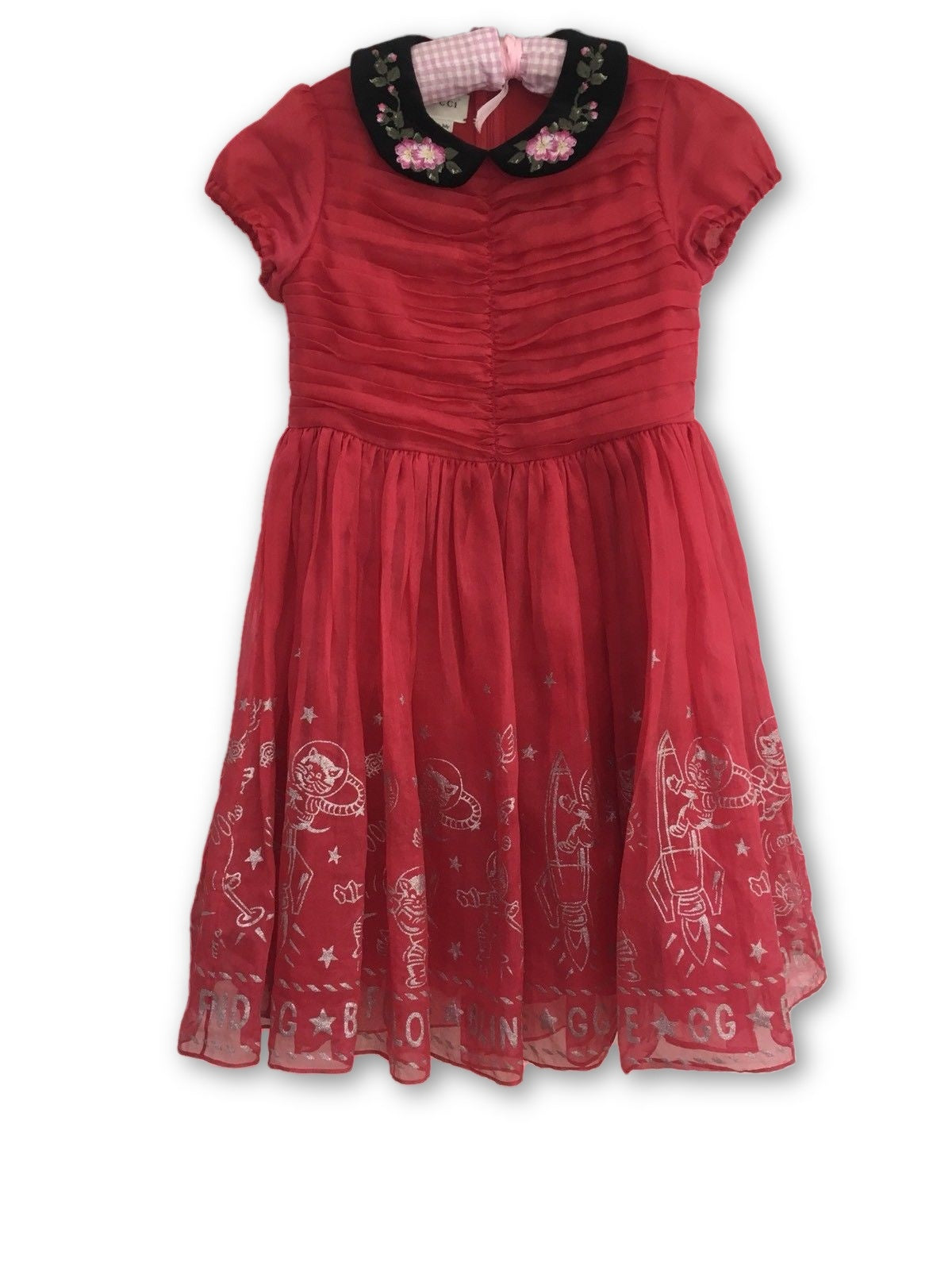 GUCCI 2017/2018 GIRLS EMBROIDED RED BLIND FOR LOVE SILK DRESS CHILDREN