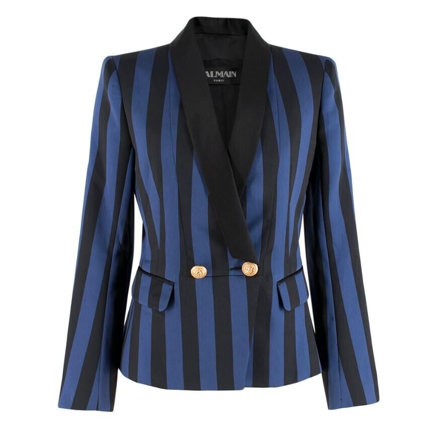 Balmain Blue & Black Striped Satin Blazer Jacket Size F 38 M medium ladies