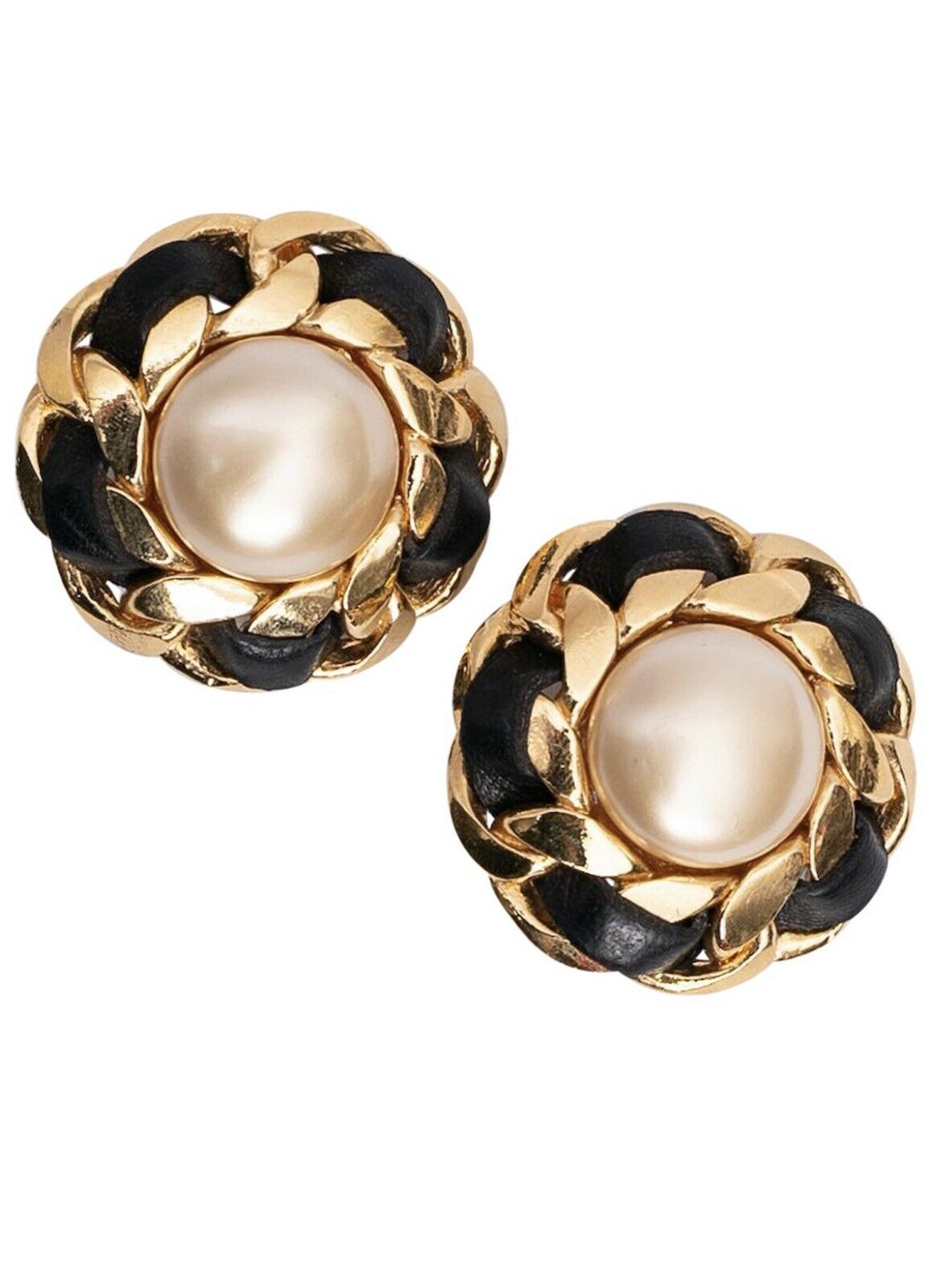 CHANEL SOLD OUT Circa1980' Karl Lagerfeld clip on earrings leather & faux pearl ladies