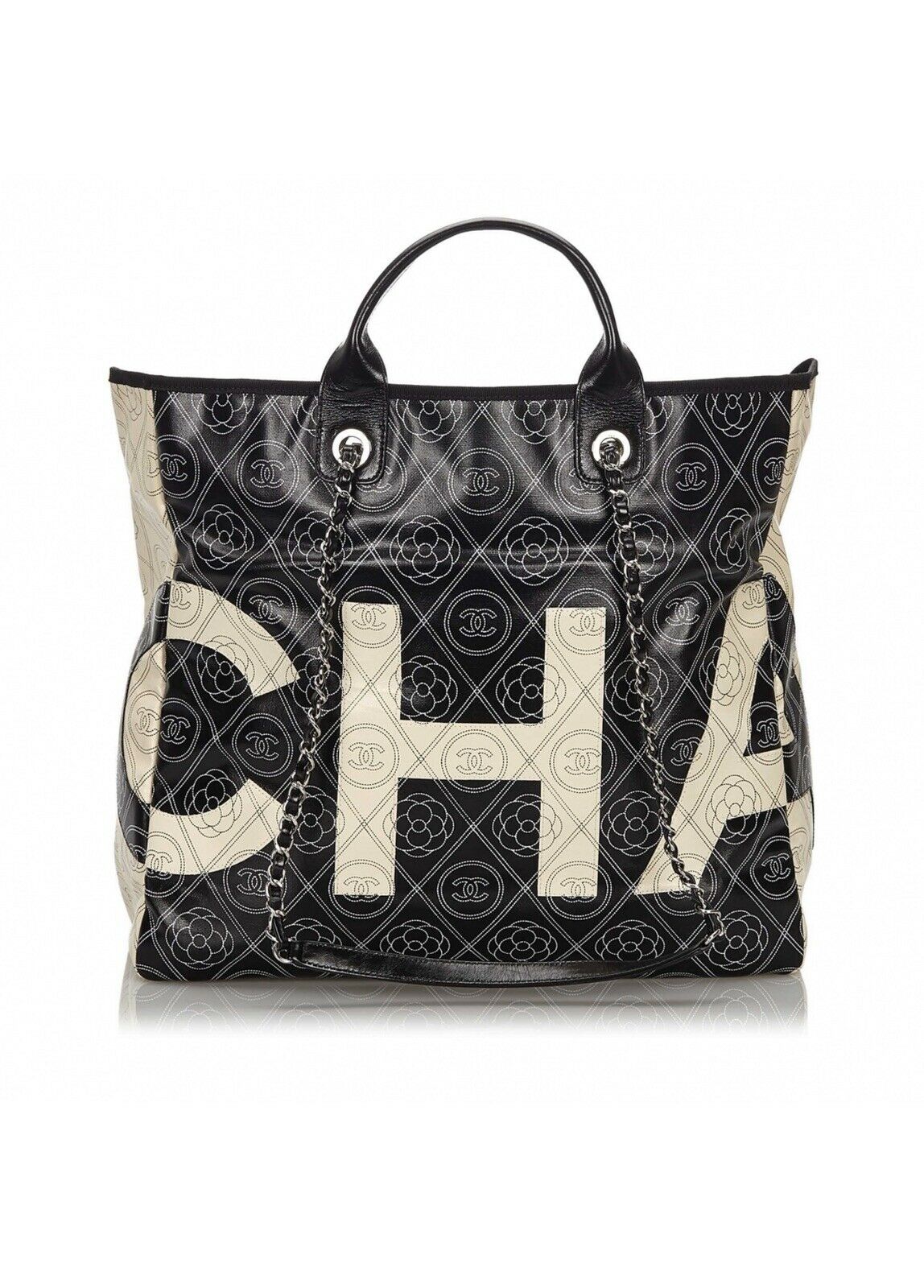 CHANEL Coated Canvas Camellia Printed Deauville CC Logo Chain Shopping Tote Bag ladies