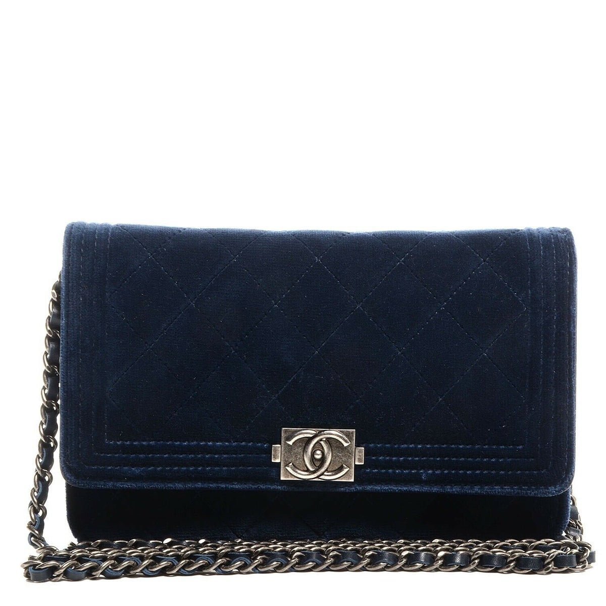 Chanel Velvet Quilted Boy Wallet On Chain WOC Navy Blue Bag Handbag Rare ladies