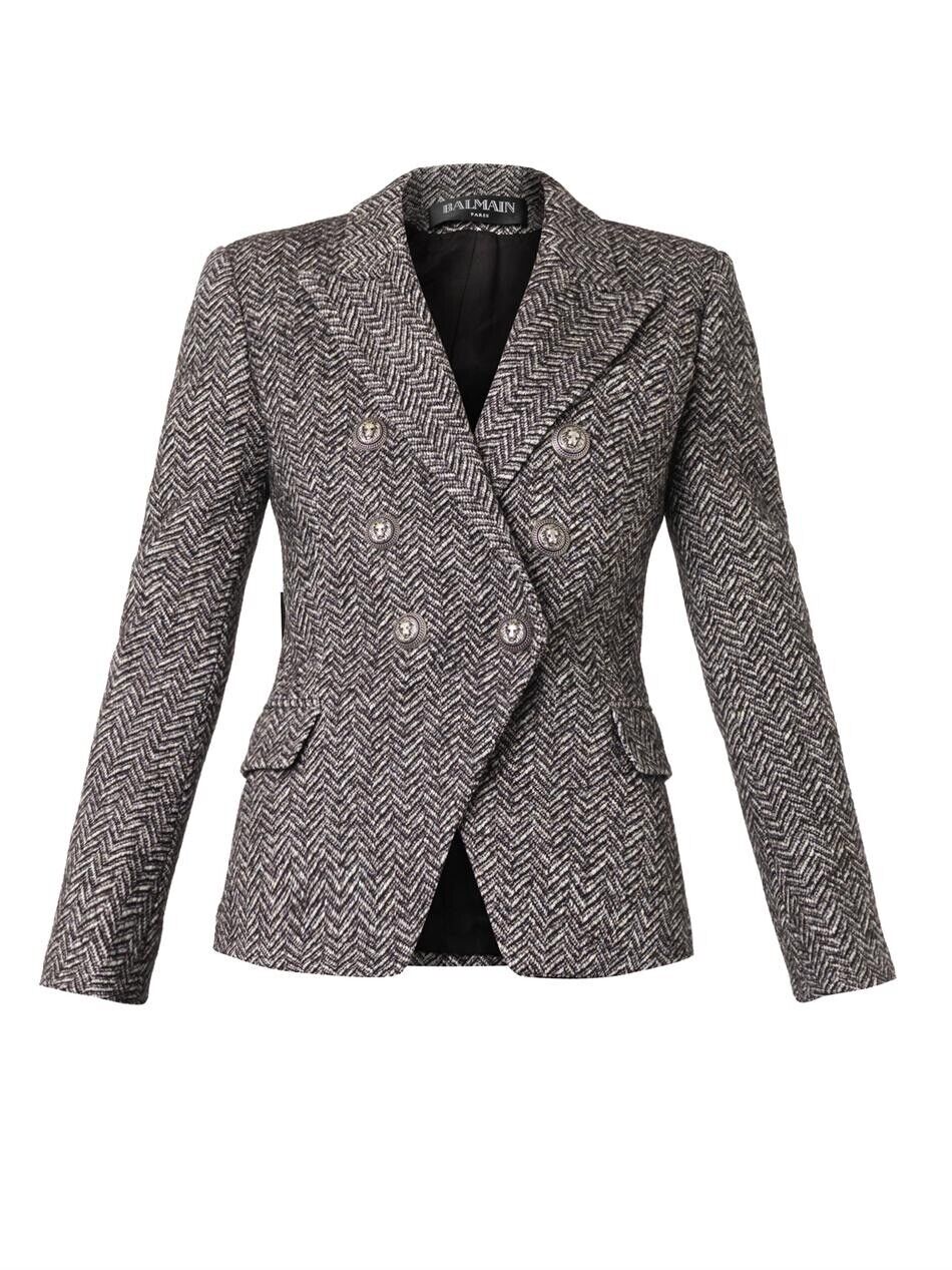 SOLD OUT Balmain HERRINGBONE wool blend SIGNATURE DOUBLE BREASTED Blazer Jacket ladies