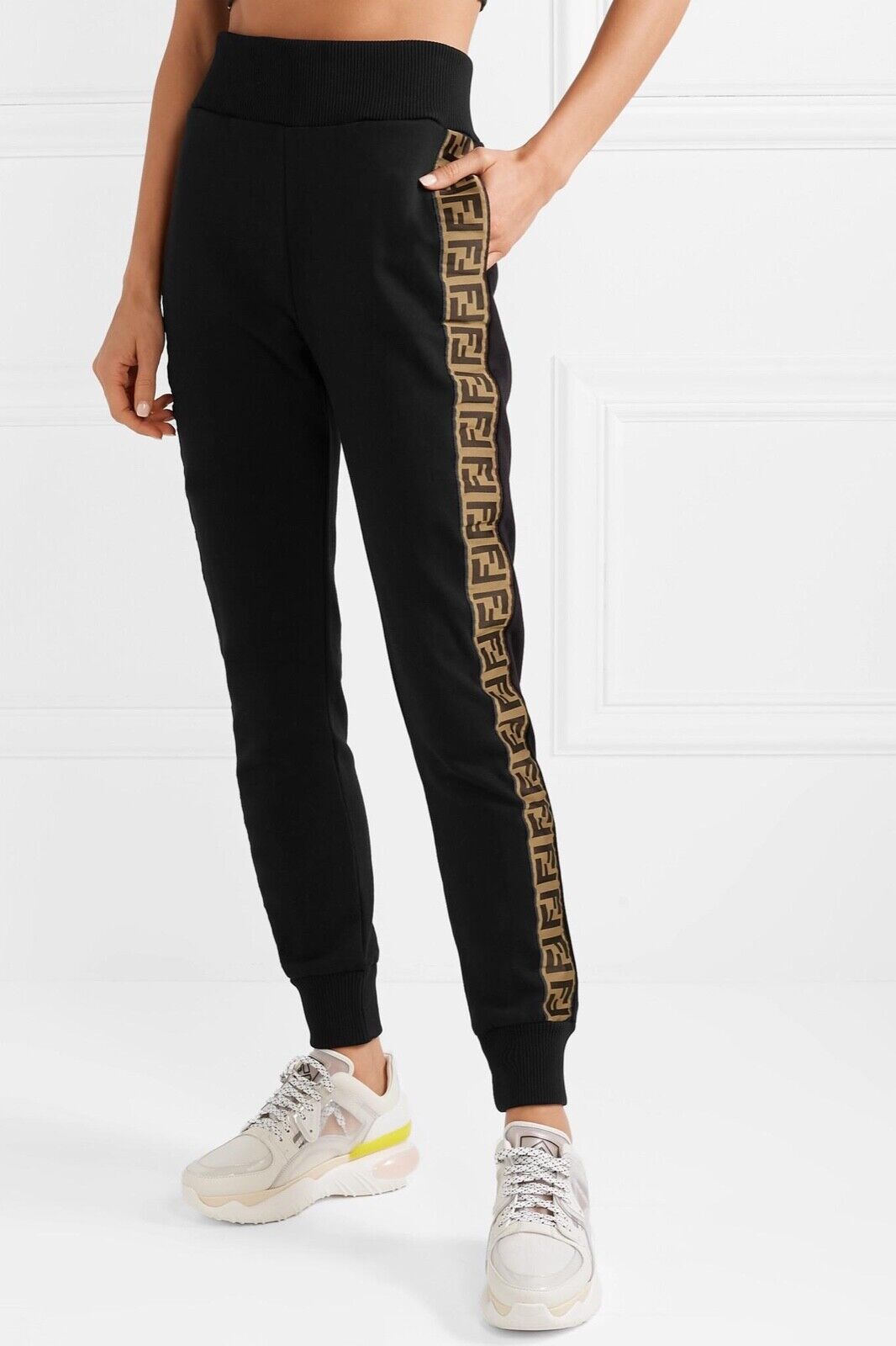 FENDI Ff Black cotton logo tape hoodie & joggers Set Tracksuit Size S small ladies