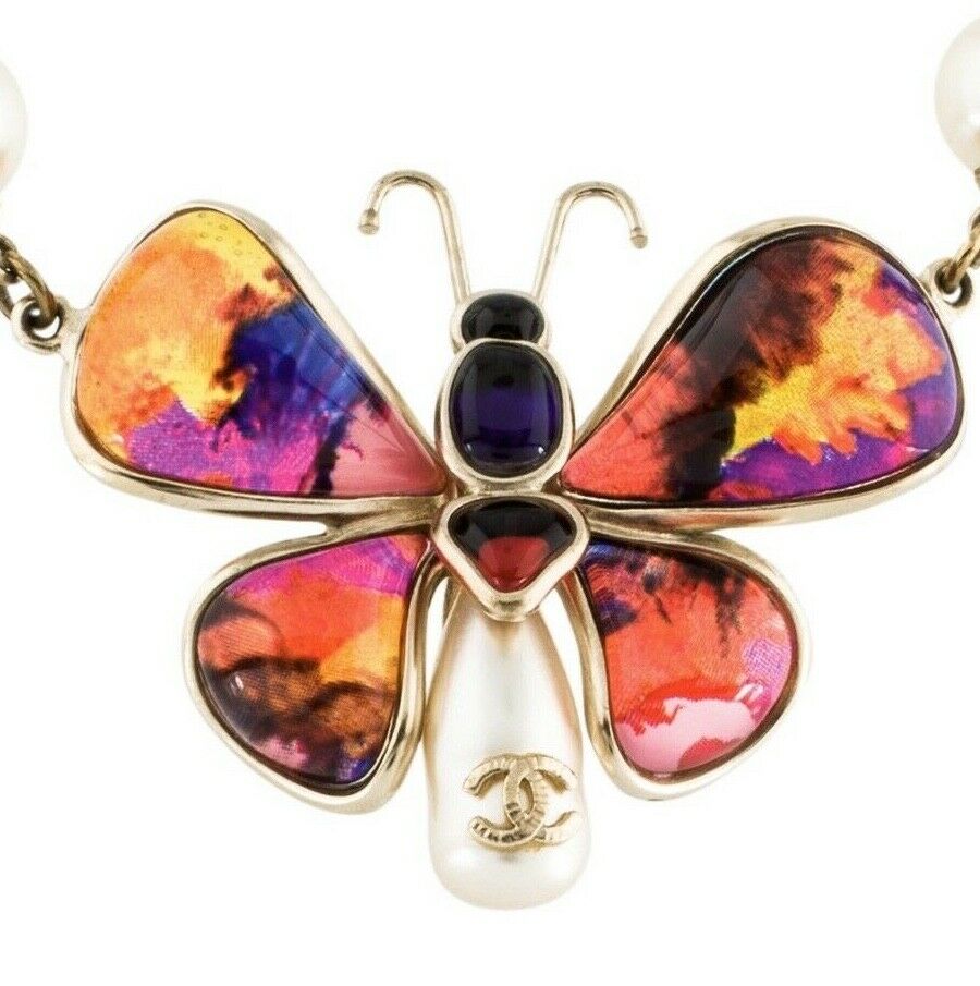 CHANEL Multicolor Gripoix Butterfly Pearl Long Necklace ladies