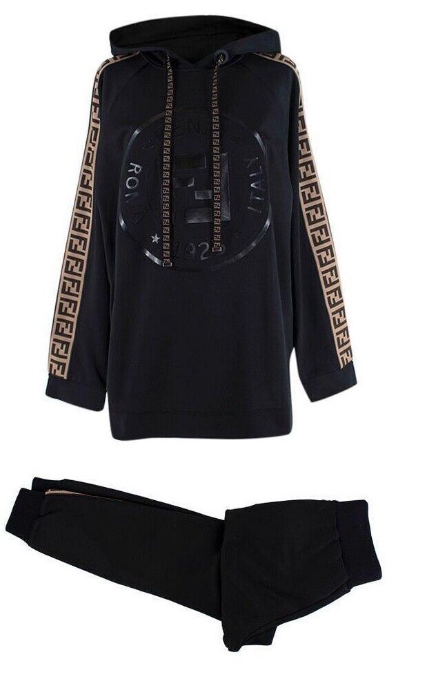 FENDI Ff Black cotton logo tape hoodie & joggers Set Tracksuit Size S small ladies