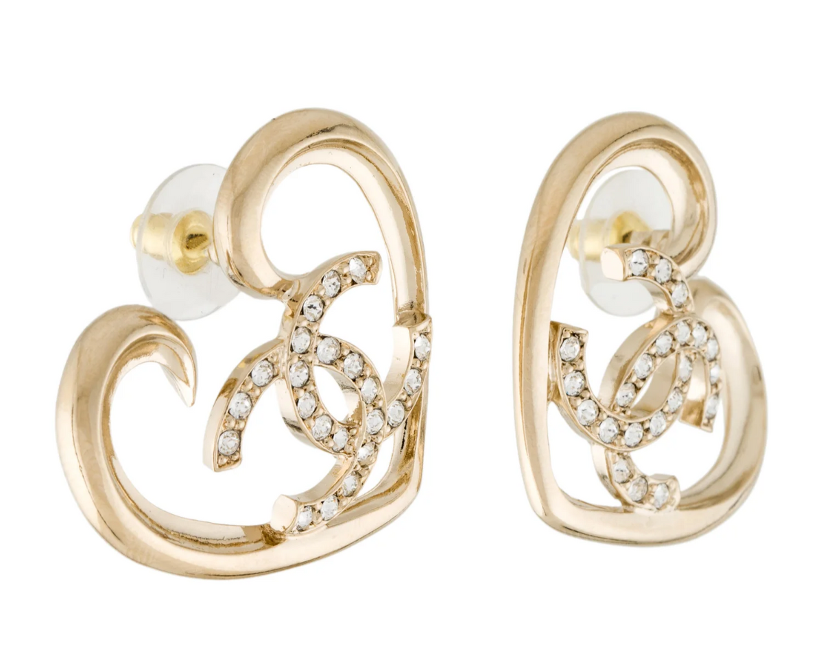 CHANEL 2023 Crystals CC Large Heart Stud Earrings 19.5 grams ladies