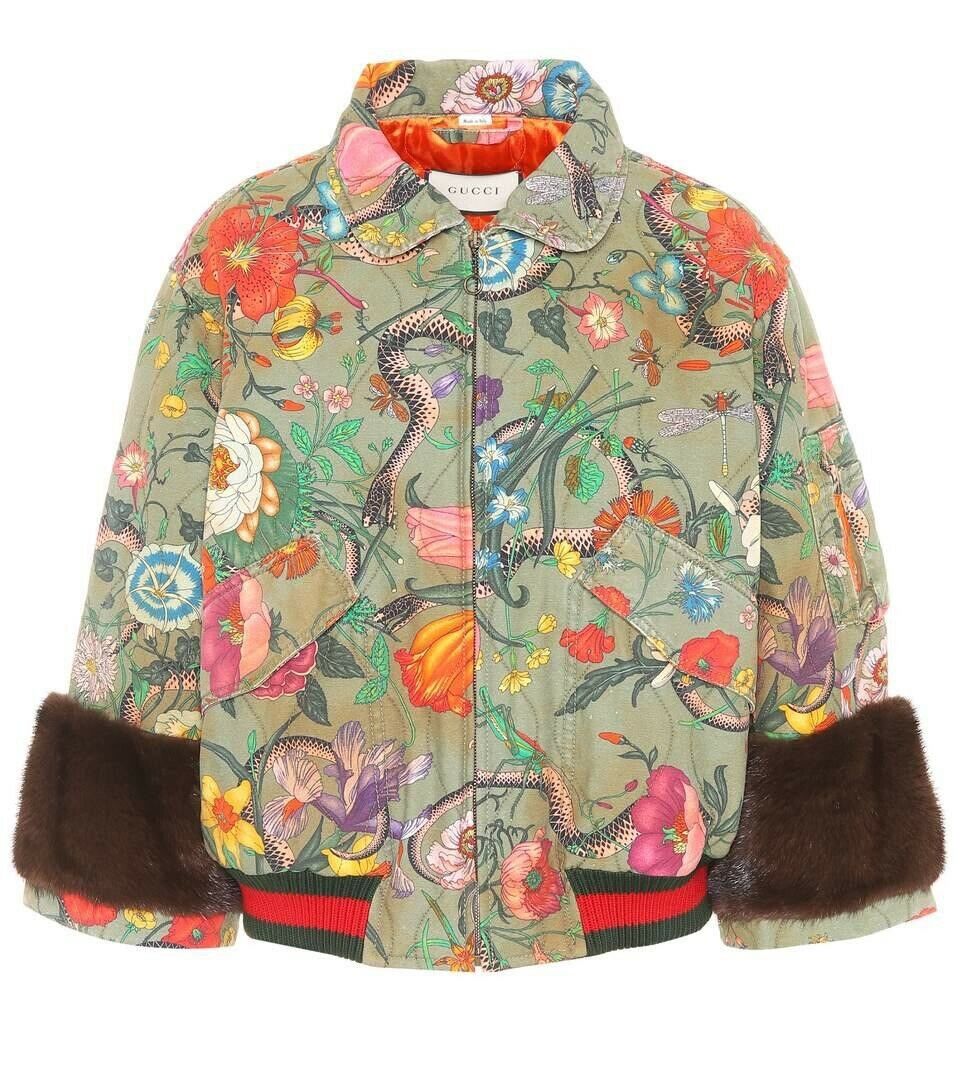 GUCCI Flora Snake Vintage Look Bomber With Mink Fur Trim Jacket I