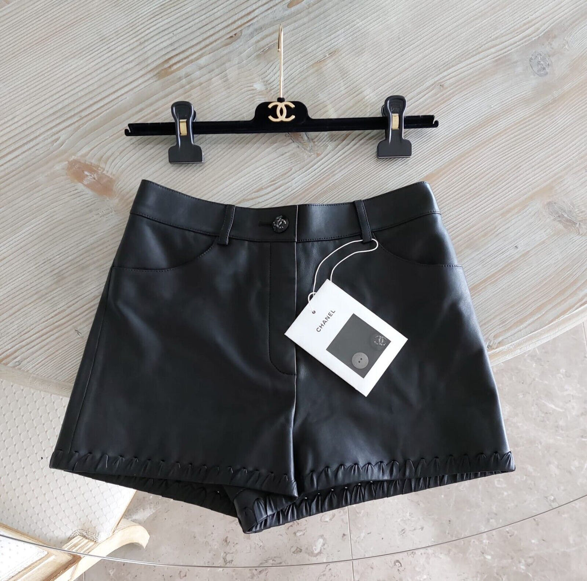 New Chanel Runway 2021 Cruise 21C Black Leather Shorts Crystal cc Logo NWT 36 ladies